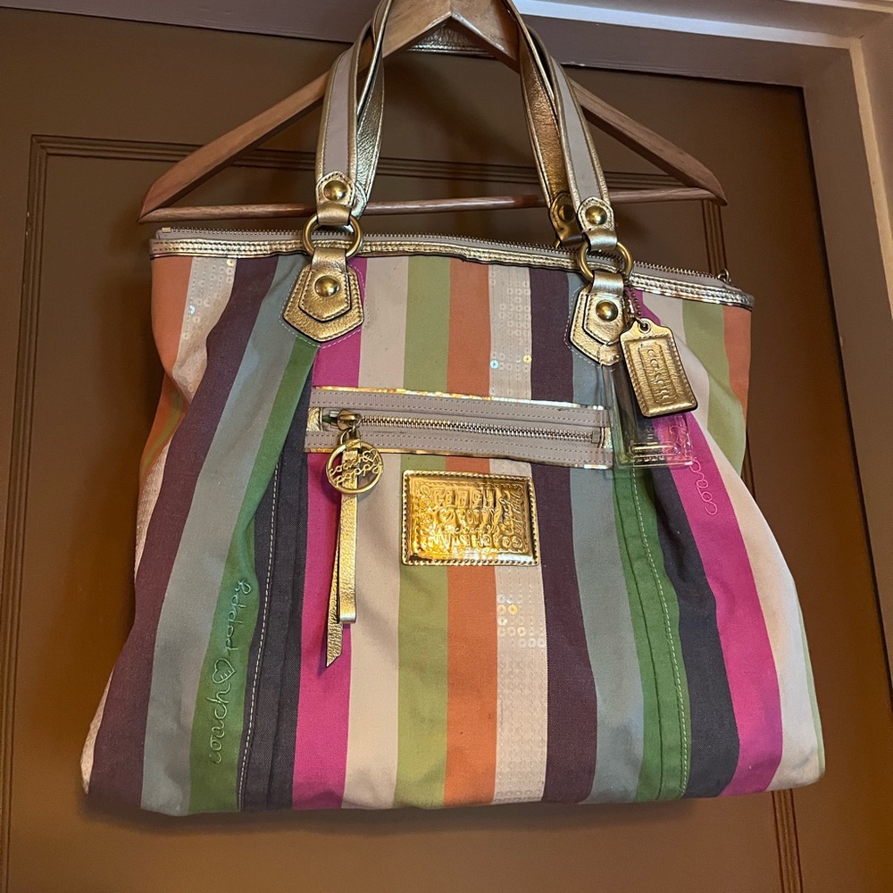 Coach Multicolor Striped Tote with Gold Accents